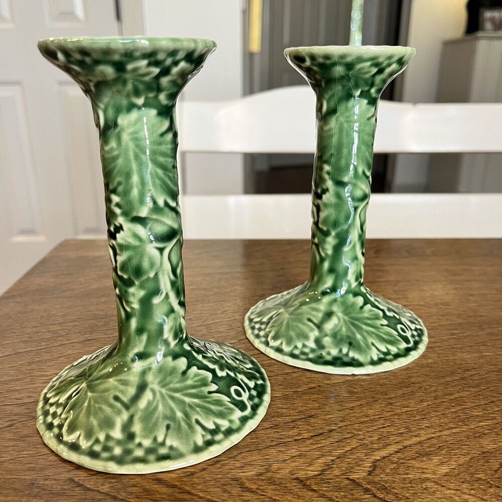 Bordallo Pinheiro Green Majolica Ivy-Patterned 6" Ceramic Candlestick  Qty 2